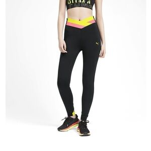 Puma Black Leggings with Vibrant Yellow and Pink Accents